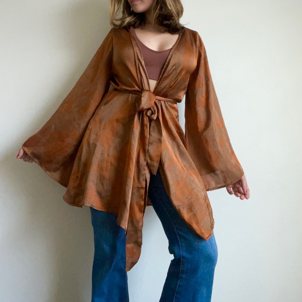 12th Tribe Orange Brown Asymmetrical Bell Sleeve Robe